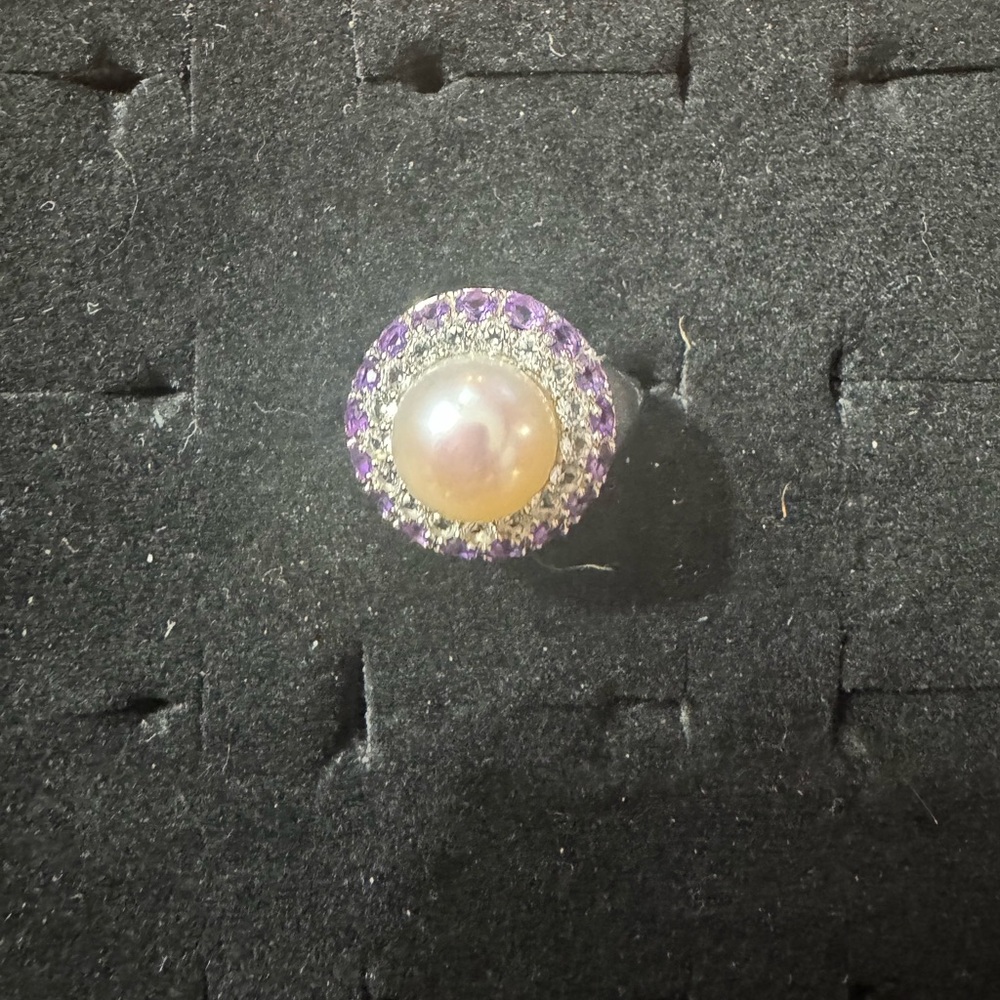 Elegant Pearl and Purple Gemstone Ring